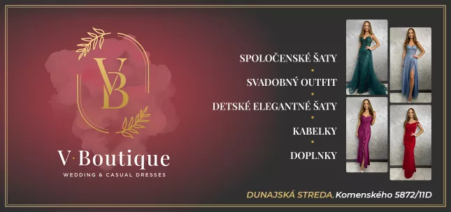 V-Boutique Dunajská Streda spoločenské šaty, svadobný outfit, detské elegantné šaty, kabelky, doplnky